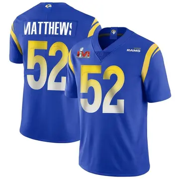 Youth Nike Los Angeles Rams Clay Matthews Royal Alternate Vapor Untouchable Super Bowl LVI Bound Jersey - Limited